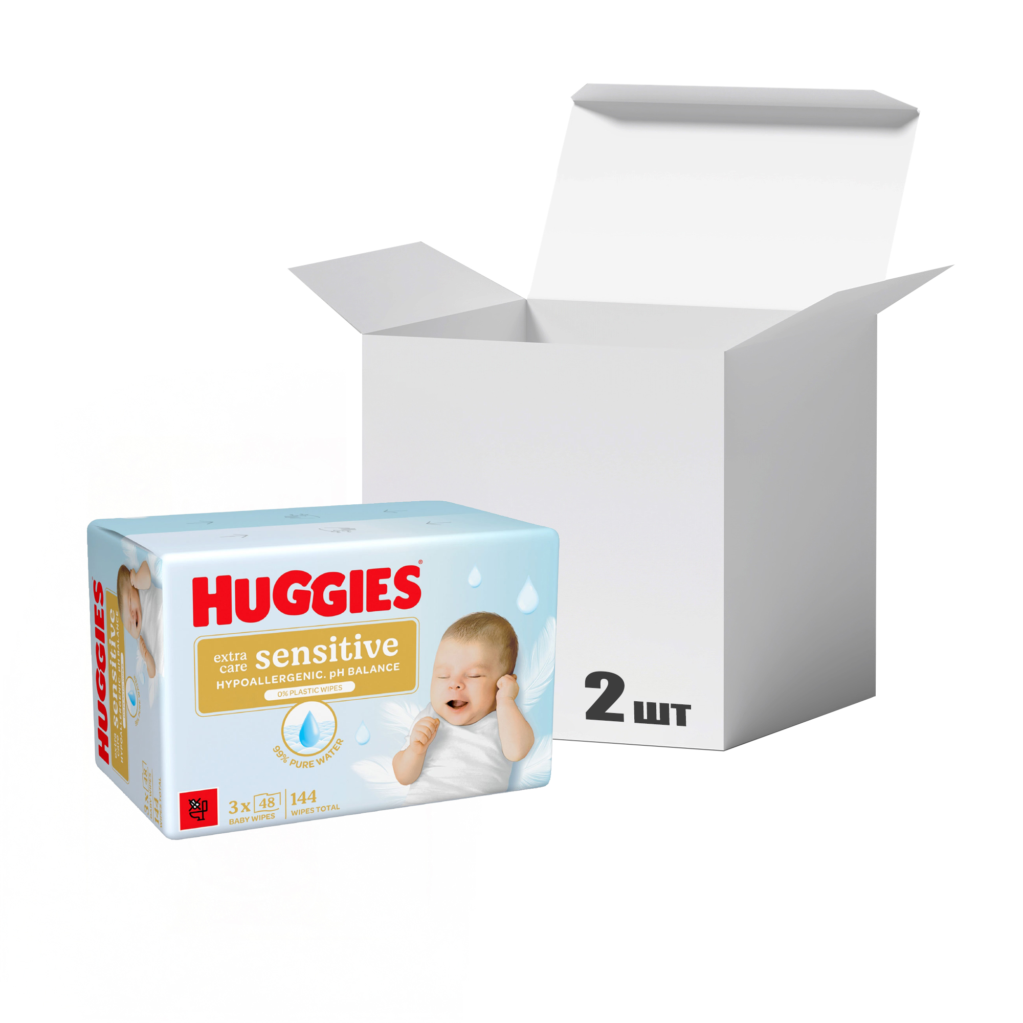 Упаковка дитячих вологих серветок Huggies Extra Care Sensitive 3*48 шт * 2 шт