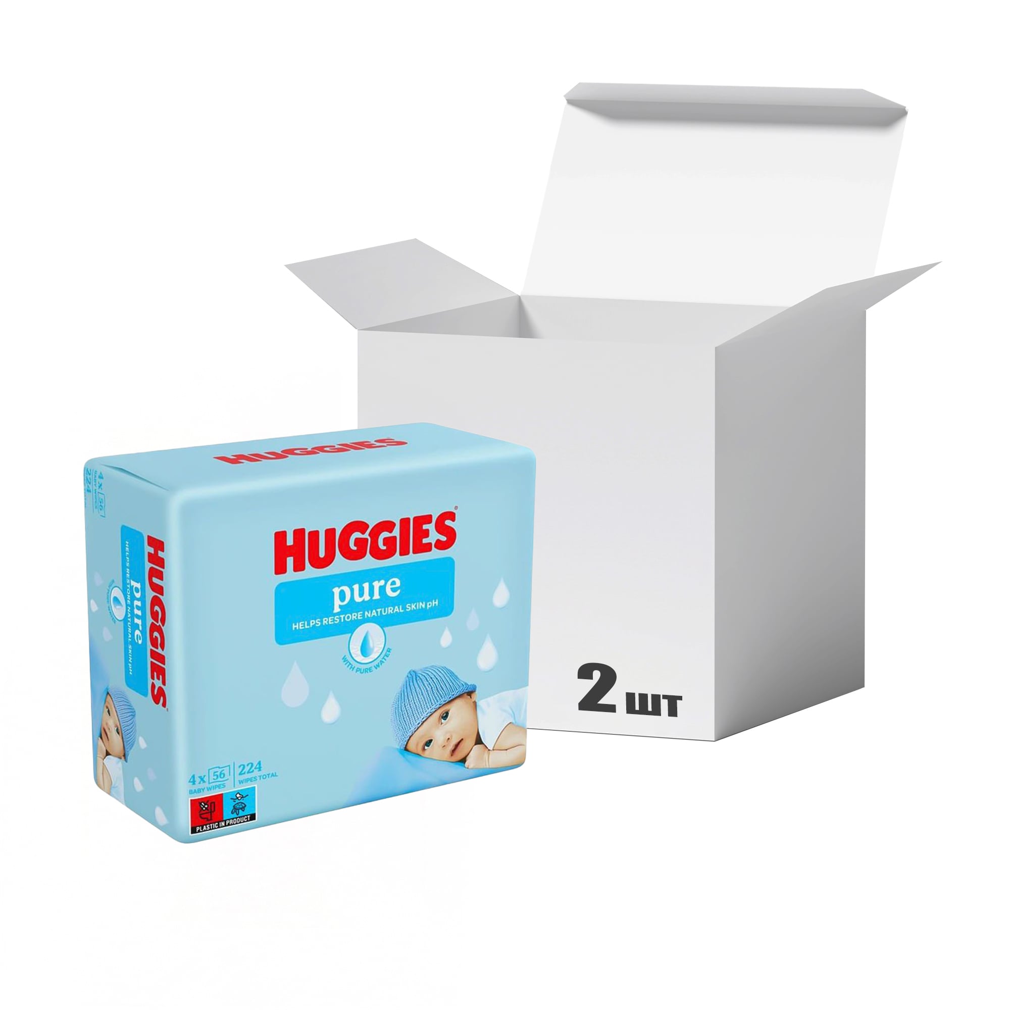 Упаковка дитячих вологих серветок Huggies Pure для немовлят, 4*56 шт * 2 шт